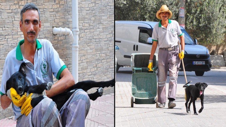 Temizlik işçisi ile sokak köpeğinin dostluğu: Yanından ayrılmıyor