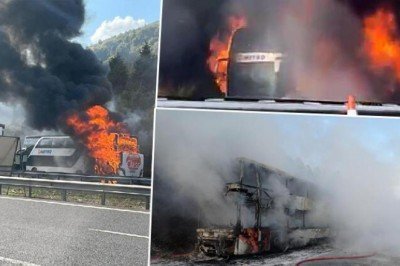 Düzce'de 2 katlı yolcu otobüsü, alev alev yandı