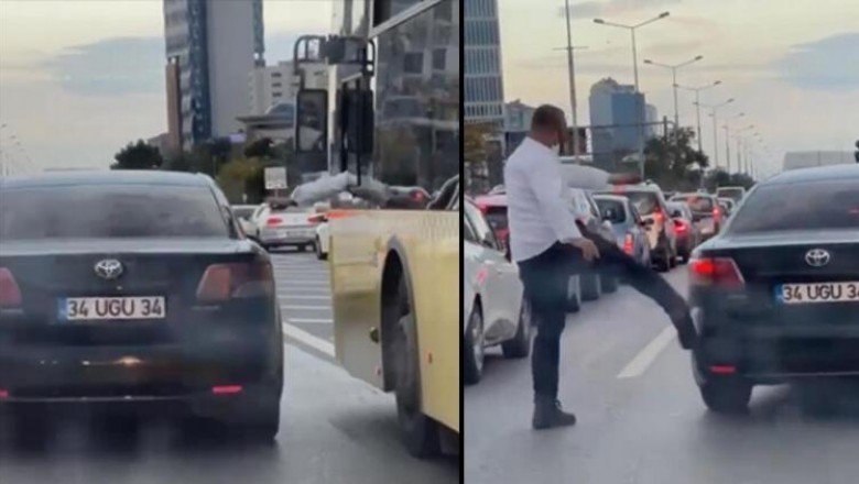 D-100 karayolunda şerit kavgası!  İETT şoförünün otomobili tekmelediği anlar...