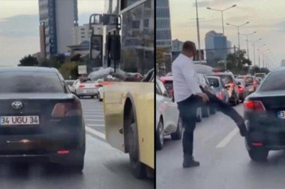 D-100 karayolunda şerit kavgası!  İETT şoförünün otomobili tekmelediği anlar...