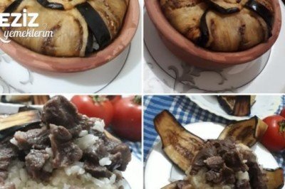 Porsiyonluk Güveçlerde Patlıcan Perdeli Kavurmalı Pilav