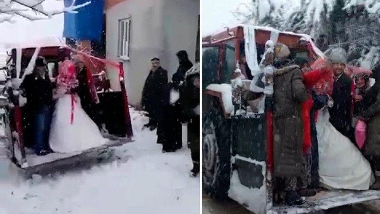 Yollar kapanınca gelin traktörle alındı